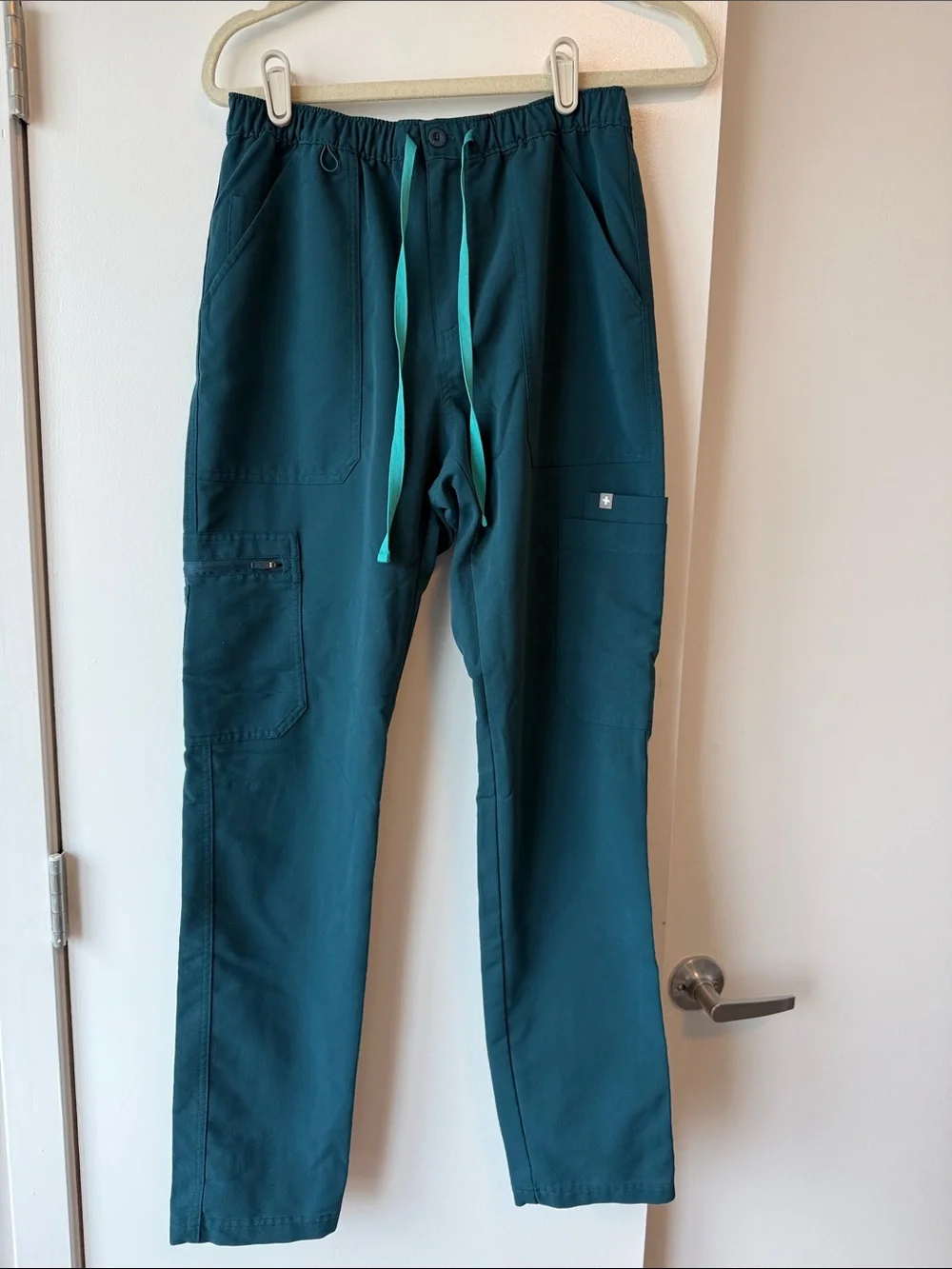 Figs Men’s Cargo Scrub Pants in Teal with Mint Drawstring
